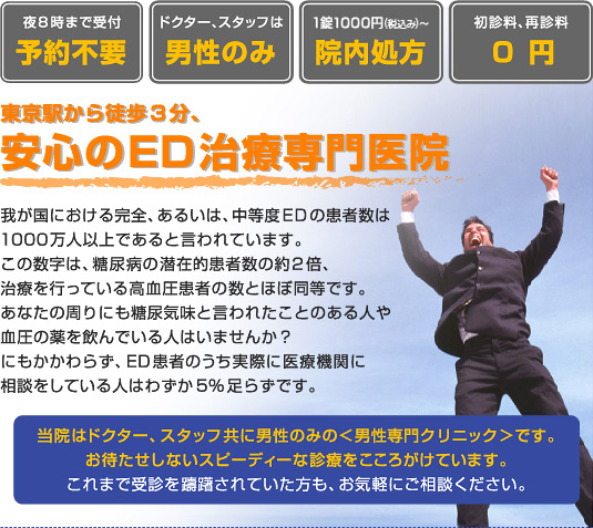 ＥＤでお悩みの方東京駅から徒歩3分。安心のＥＤ治療専門医院